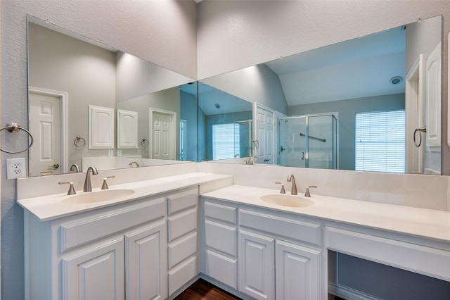 214 Chisholm Trl, Argyle, TX 76226 - full bathroom featuring a stall shower, double vanity, and lofted ceiling