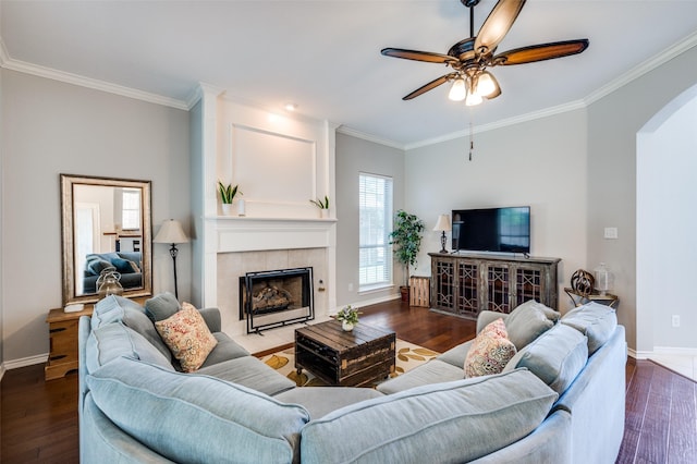 214 Chisholm Trl, Argyle, TX 76226 - living room featuring arched walkways, ornamental molding, dark wood-type flooring, a ceiling fan, and a fireplace