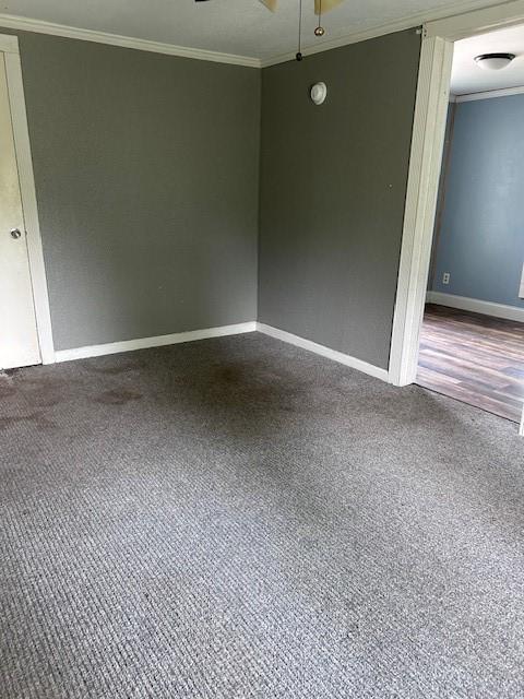1330 Palmetto Rd, Benton, LA 71006 - spare room with ceiling fan, ornamental molding, and dark colored carpet