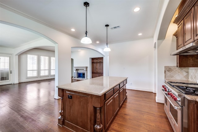 8540 Canyon Xing, Lantana, TX 76226 - kitchen with range with two ovens, open floor plan, a fireplace, dark wood-style floors, and ornamental molding