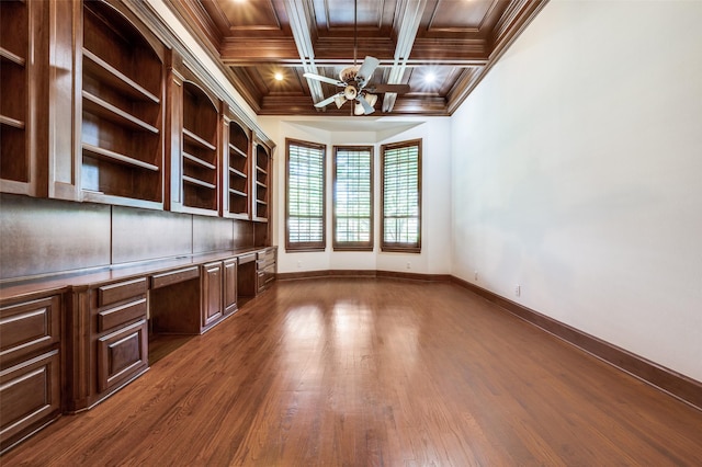 8540 Canyon Xing, Lantana, TX 76226 - unfurnished office featuring built in desk, dark wood-style floors, ceiling fan, crown molding, and coffered ceiling