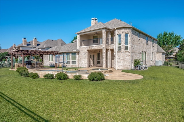 8540 Canyon Xing, Lantana, TX 76226 - rear view of house featuring a balcony, a patio, a pergola, brick siding, and a ceiling fan