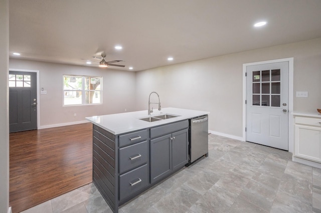 820 Vickie Dr, Azle, TX 76020 - kitchen featuring dishwasher, a ceiling fan, light countertops, recessed lighting, and an island with sink