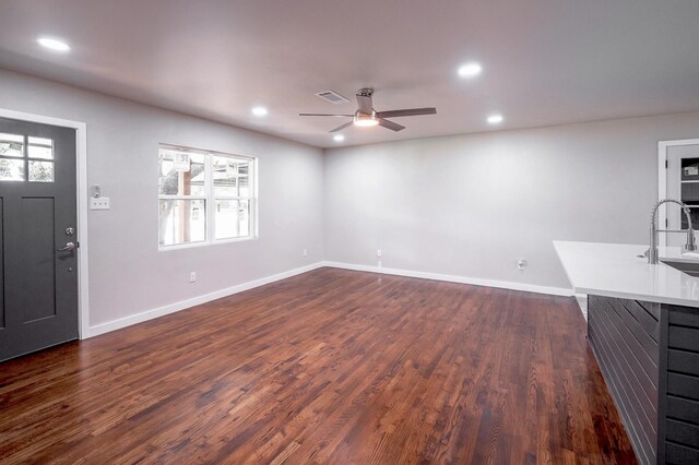 820 Vickie Dr, Azle, TX 76020 - unfurnished living room featuring a ceiling fan, recessed lighting, and dark wood-style flooring