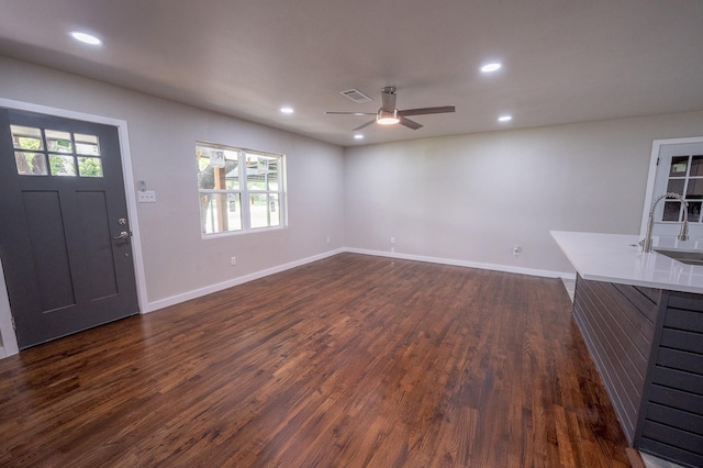 820 Vickie Dr, Azle, TX 76020 - unfurnished living room featuring ceiling fan, dark wood-style flooring, and recessed lighting