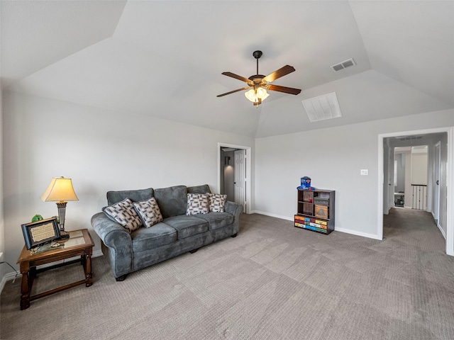 604 Rough Creek Dr, Mckinney, TX 75071 - carpeted living room with vaulted ceiling and ceiling fan