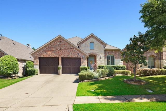 7716 Glenwood Springs Ln, Mckinney, TX 75070 - french provincial home with brick siding, a front lawn, a garage, and driveway