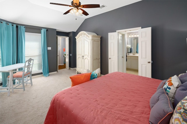 7716 Glenwood Springs Ln, Mckinney, TX 75070 - bedroom with lofted ceiling, light colored carpet, ceiling fan, and ensuite bath