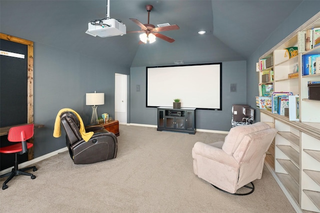 7716 Glenwood Springs Ln, Mckinney, TX 75070 - carpeted cinema featuring ceiling fan and lofted ceiling