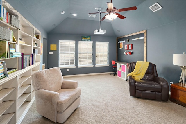 7716 Glenwood Springs Ln, Mckinney, TX 75070 - sitting room featuring carpet, lofted ceiling, ceiling fan, and recessed lighting