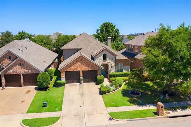 7716 Glenwood Springs Ln, Mckinney, TX 75070 - french country home with concrete driveway, a garage, stone siding, a front yard, and a chimney
