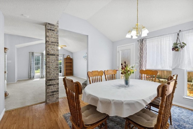 5521 Alta Verde Cir, Arlington, TX 76017 - dining area with wood finished floors, decorative columns, a chandelier, and vaulted ceiling