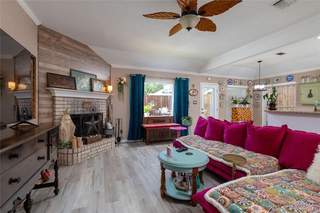 874 Havenbrook Dr, Arlington, TX 76001 - living room with ceiling fan, wood finished floors, a fireplace, ornamental molding, and lofted ceiling