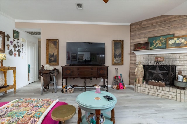 874 Havenbrook Dr, Arlington, TX 76001 - living room with wood finished floors, crown molding, and a fireplace