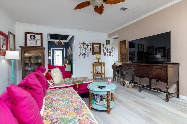 874 Havenbrook Dr, Arlington, TX 76001 - living room featuring ornamental molding, ceiling fan, and wood finished floors
