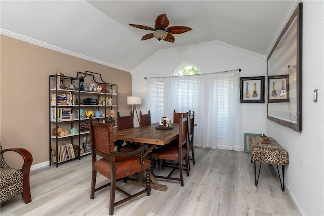 874 Havenbrook Dr, Arlington, TX 76001 - dining area with light wood-style floors, a ceiling fan, vaulted ceiling, and ornamental molding
