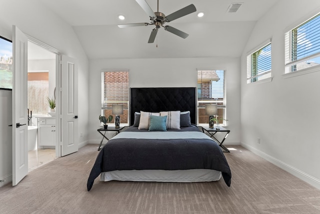 8133 Blumelia Dr, Dallas, TX 75252 - bedroom featuring vaulted ceiling, light carpet, ceiling fan, and ensuite bathroom