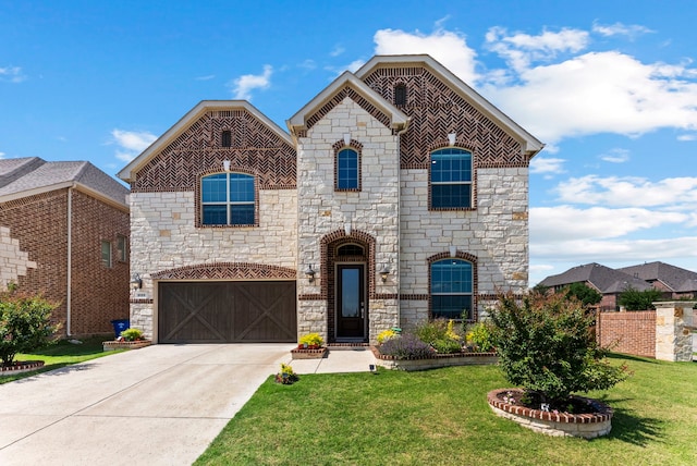 8133 Blumelia Dr, Dallas, TX 75252 - french country home featuring stone siding, a front yard, concrete driveway, and a garage