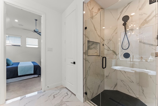 8133 Blumelia Dr, Dallas, TX 75252 - ensuite bathroom with a marble finish shower, ceiling fan, marble finish flooring, and recessed lighting