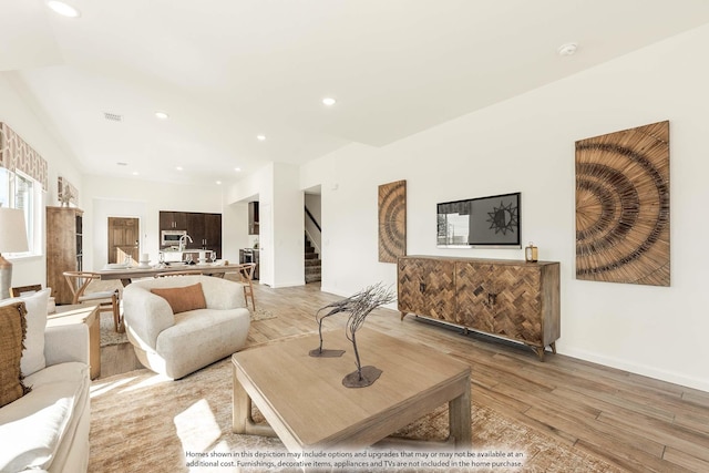 111 Cedar Grove Ct, Lavon, TX 75166 - living area with stairway, light wood finished floors, and recessed lighting