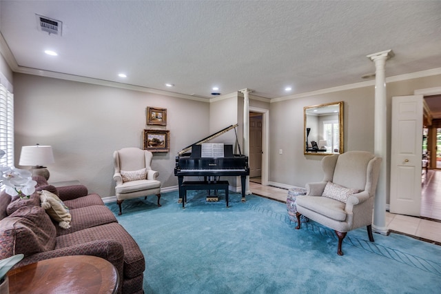 100 La Paz Ct, Irving, TX 75062 - living area featuring decorative columns, healthy amount of natural light, recessed lighting, crown molding, and light carpet