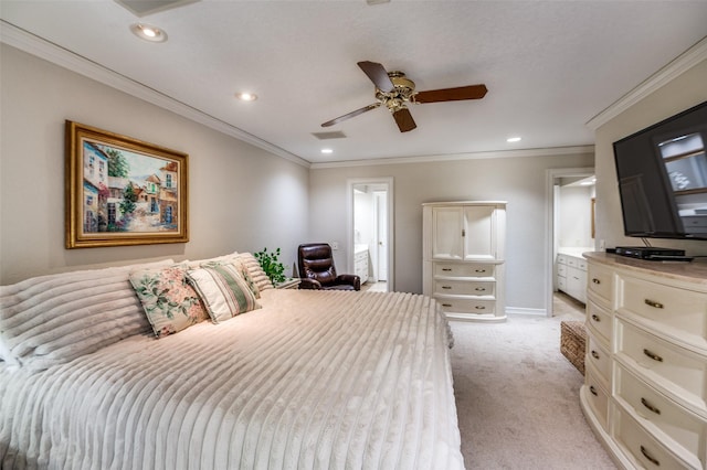 100 La Paz Ct, Irving, TX 75062 - bedroom featuring light colored carpet, recessed lighting, ensuite bath, crown molding, and ceiling fan