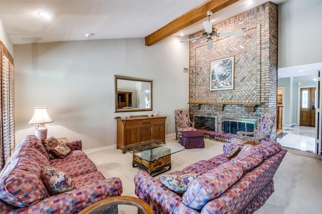 100 La Paz Ct, Irving, TX 75062 - living room with carpet, ceiling fan, a fireplace, beam ceiling, and a high ceiling