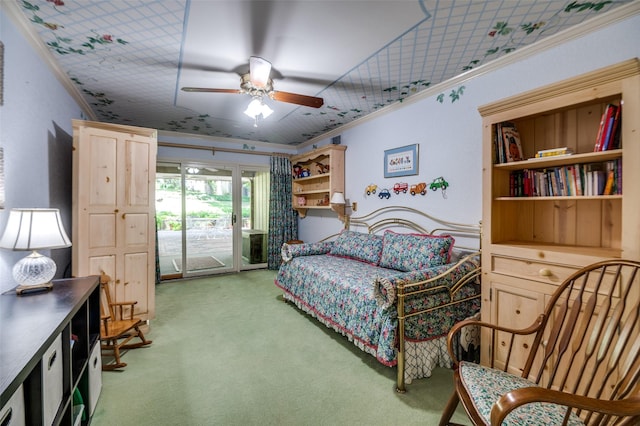 100 La Paz Ct, Irving, TX 75062 - bedroom featuring light colored carpet, access to outside, ornamental molding, and a ceiling fan