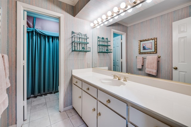 100 La Paz Ct, Irving, TX 75062 - bathroom featuring vanity, wallpapered walls, and tile patterned floors
