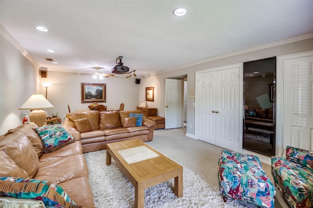 100 La Paz Ct, Irving, TX 75062 - living area featuring ornamental molding, light colored carpet, recessed lighting, and ceiling fan