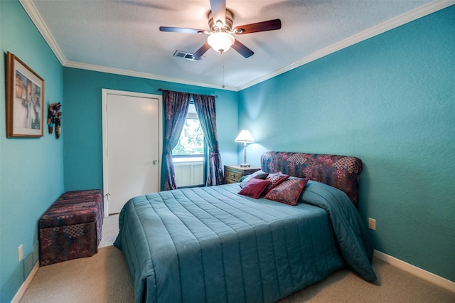 100 La Paz Ct, Irving, TX 75062 - bedroom with carpet, ornamental molding, ceiling fan, and a textured ceiling