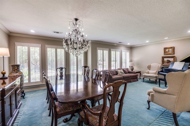 100 La Paz Ct, Irving, TX 75062 - dining room featuring dark carpet, a chandelier, ornamental molding, recessed lighting, and a textured ceiling