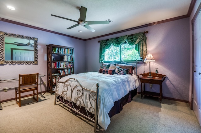 100 La Paz Ct, Irving, TX 75062 - carpeted bedroom featuring crown molding, ceiling fan, recessed lighting, and a textured wall