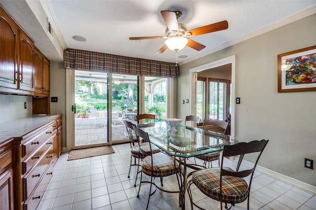 100 La Paz Ct, Irving, TX 75062 - dining room featuring plenty of natural light, a ceiling fan, crown molding, and light tile patterned floors