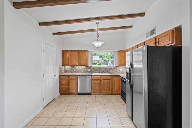 7005 Culver Ave, Fort Worth, TX 76116 - kitchen with appliances with stainless steel finishes, decorative backsplash, brown cabinets, beamed ceiling, and light tile patterned flooring