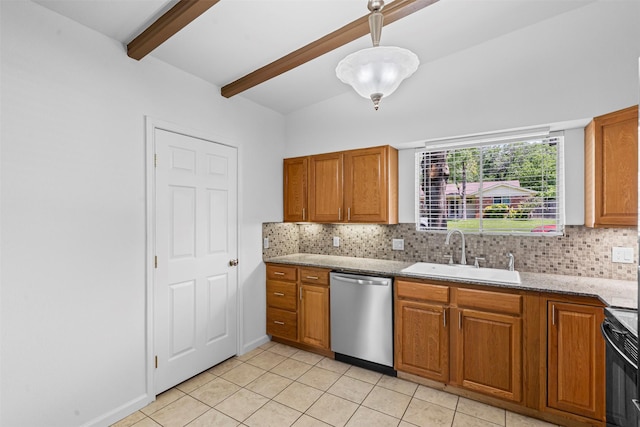 7005 Culver Ave, Fort Worth, TX 76116 - kitchen with stainless steel dishwasher, decorative backsplash, light tile patterned flooring, range, and brown cabinets