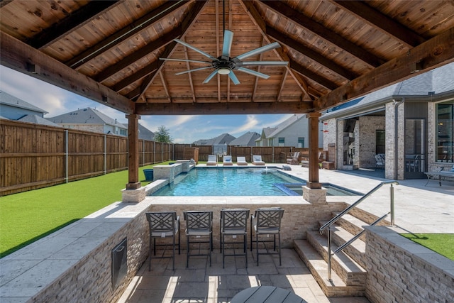 3208 Twin Eagles Dr, Celina, TX 75009 - view of swimming pool featuring a gazebo, ceiling fan, a pool with connected hot tub, a fenced backyard, and a patio area