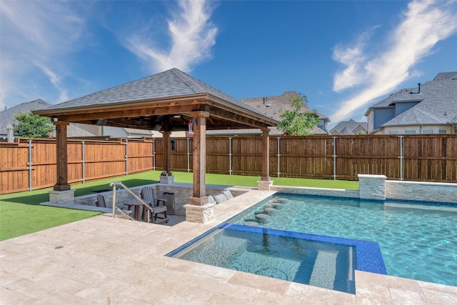 3208 Twin Eagles Dr, Celina, TX 75009 - view of pool featuring a gazebo, a patio, a fenced backyard, and a pool with connected hot tub