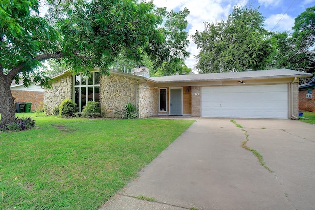 108 Sunnyvale Ter, Hurst, TX 76053 - view of front of house featuring concrete driveway, stone siding, a front lawn, and a chimney