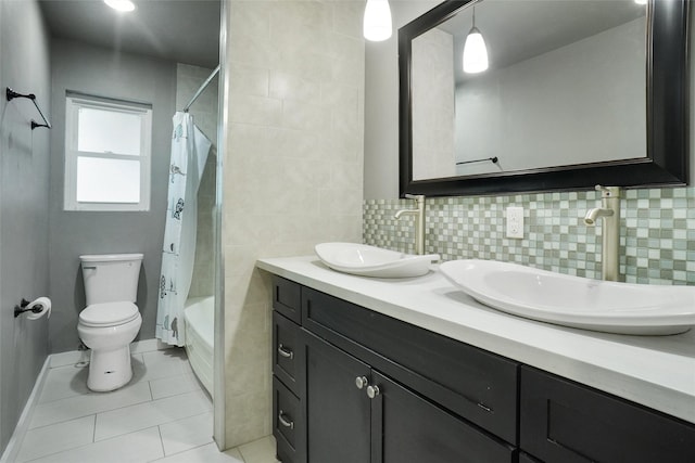 108 Sunnyvale Ter, Hurst, TX 76053 - bathroom featuring double vanity, shower / tub combo, tile patterned floors, and backsplash