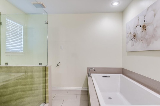 6211 White Rose Trl, Dallas, TX 75248 - bathroom featuring a garden tub, tile patterned flooring, and a shower with shower door