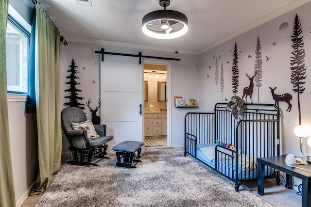 6211 White Rose Trl, Dallas, TX 75248 - bedroom with a barn door, crown molding, carpet floors, and connected bathroom