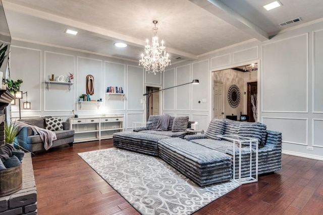 6211 White Rose Trl, Dallas, TX 75248 - living room with a decorative wall, a chandelier, beam ceiling, hardwood / wood-style flooring, and crown molding