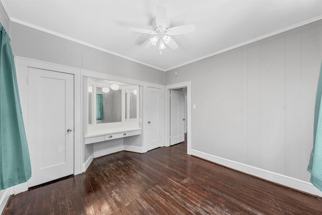 2700 Ethel Ave, Waco, TX 76707 - unfurnished bedroom with wood-type flooring, ornamental molding, built in desk, and a ceiling fan