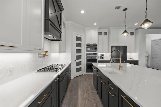 1005 Sinopa St, Caddo Mills, TX 75135 - kitchen with white cabinetry, tasteful backsplash, pendant lighting, stainless steel appliances, and recessed lighting
