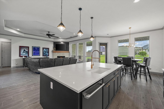 1005 Sinopa St, Caddo Mills, TX 75135 - kitchen with a lit fireplace, wood finished floors, dishwasher, plenty of natural light, and ornamental molding