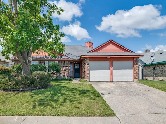 2705 Independence Dr, Mesquite, TX 75150 - ranch-style house featuring brick siding, a garage, a front yard, concrete driveway, and a chimney