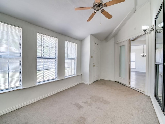 2705 Independence Dr, Mesquite, TX 75150 - spare room with carpet flooring, vaulted ceiling, a chandelier, and ceiling fan