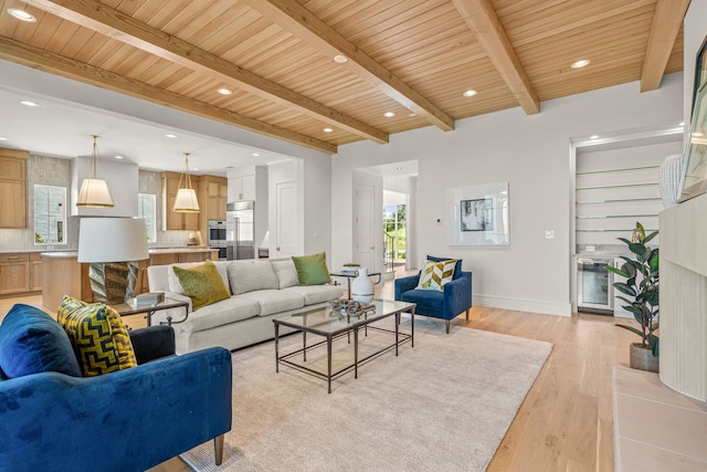 4532 Terroir Dr, Fort Worth, TX 76126 - living area featuring light wood finished floors, a wooden ceiling with exposed beams, plenty of natural light, and recessed lighting