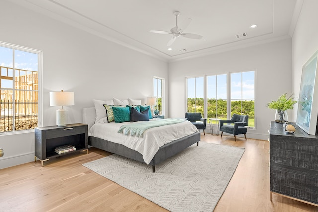 4532 Terroir Dr, Fort Worth, TX 76126 - bedroom featuring multiple windows, ornamental molding, light wood-style floors, recessed lighting, and a ceiling fan